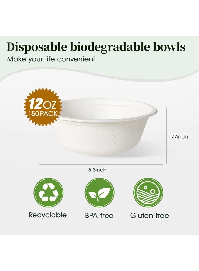 ECOLipak 150 Pack 12 oz Paper Bowls, Disposable Compostable Bowls Heavy-Duty, Biodegradable Soup Bowls Made of Natural Bagasse, Eco-Friendly Sugarcane Bowls for Salad, Dessert, Milk, Cereals - Image 2