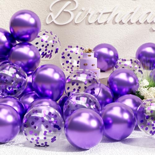 SUWEN Purple Metallic Balloons and Confetti Balloons Set 47PCS Latex Helium Chrome Dark Purple Balloon for Birthday Graduation Anniversary Party Decorations - Image 1