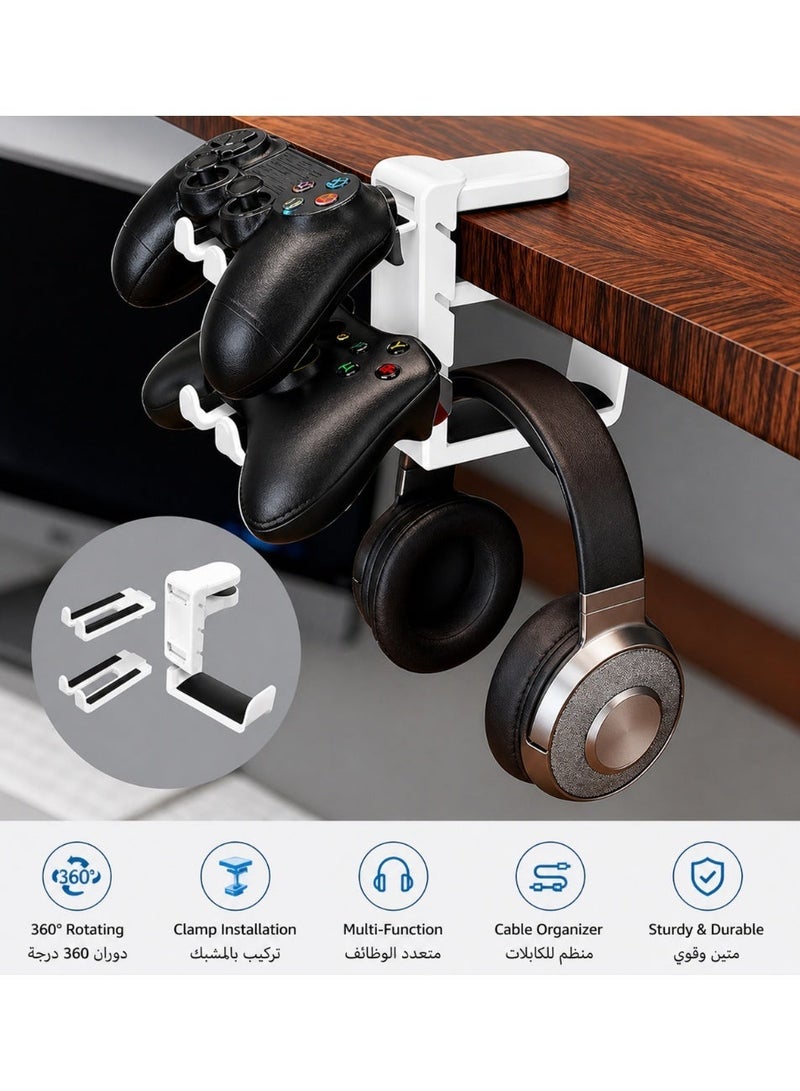 Sisily 3-in-1 PC Gaming Headset and Controller Holder, Headphone Stand with 360° Rotation Non-Slip Clamp & 2 Controller Holders, Universal Gaming Accessories Organizer for Controllers, Headphones, and Cables - Image 4