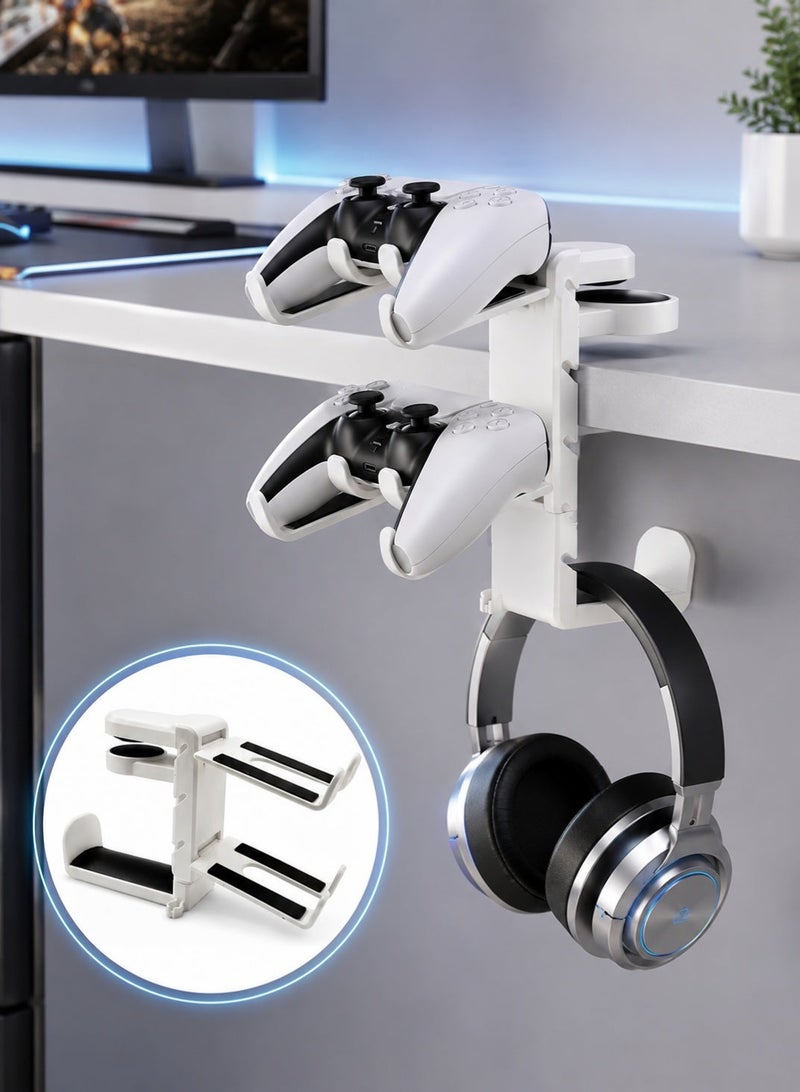 Sisily 3-in-1 PC Gaming Headset and Controller Holder, Headphone Stand with 360° Rotation Non-Slip Clamp & 2 Controller Holders, Universal Gaming Accessories Organizer for Controllers, Headphones, and Cables - Image 1