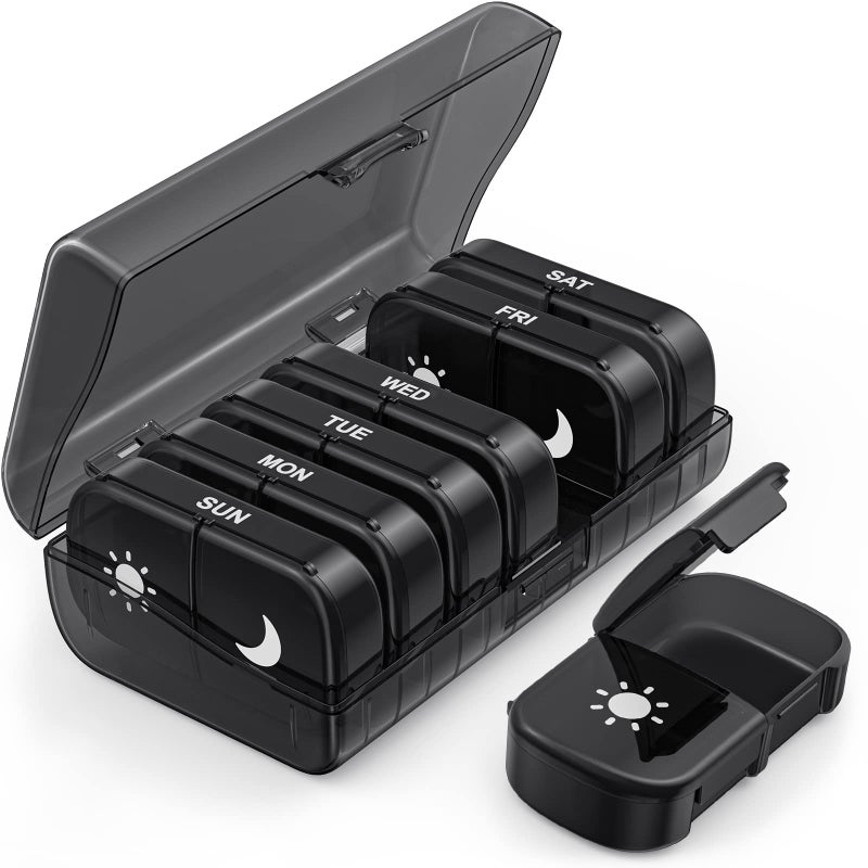 PULIV Extra Large Weekly Pill Organizer 2 Times a Day OneSide Open Pill Box 7 Day for Easy Filling Black Privacy Protection AM PM Pill Case for Vitamins Medication Supplements Fish Oils Black