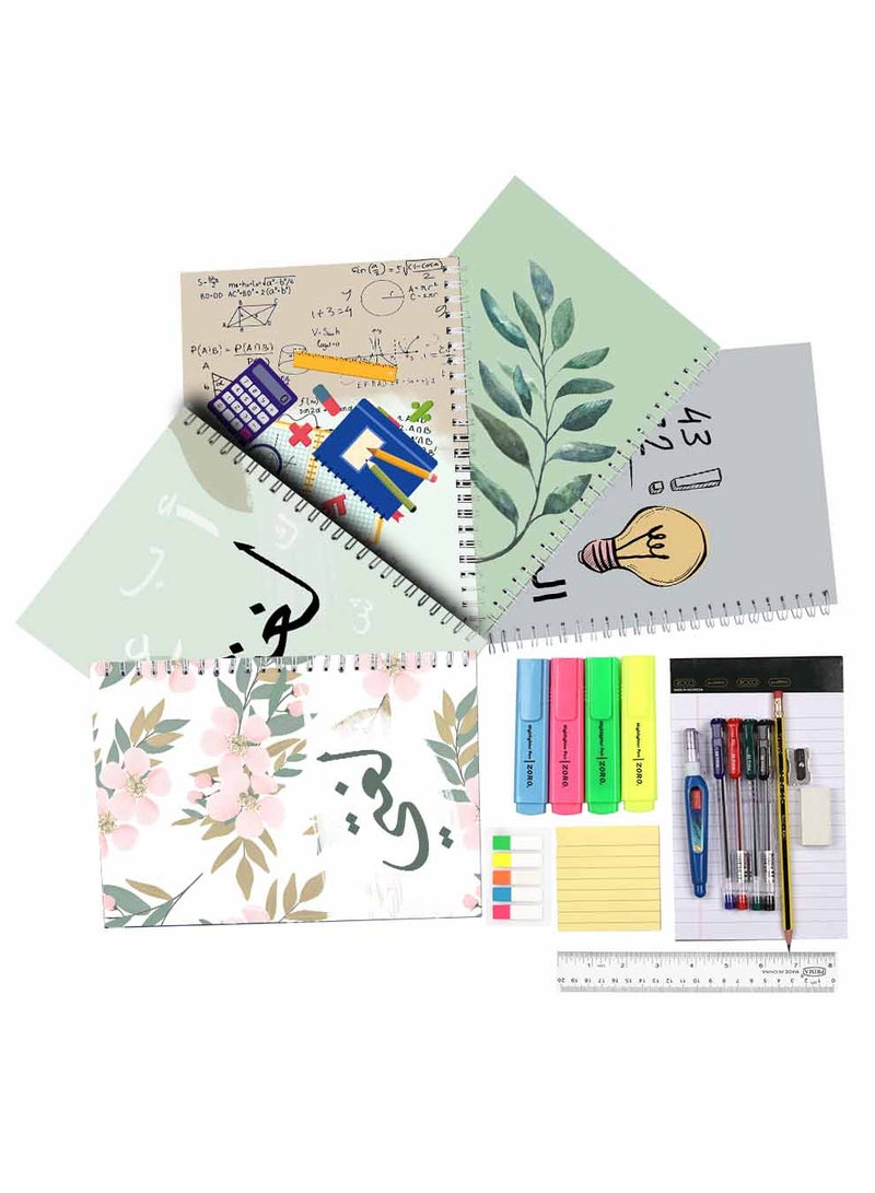 LOWHA Set of 5 Spiral Notebooks for School, 60 Sheets with Hard Paper Covers for Arabic, English, Math with a Set of School Supplies Multicolour - Image 2