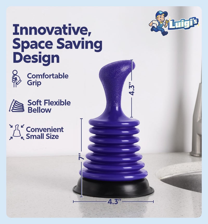 Luigi's Sink Plunger Kitchen - Sink Plunger Bathroom - Drain Bathtub or Shower - Small and Powerful Clog Remover - Commercial Style Plumbers Plungers with Large Bellows - Blue - Mini - Image 4