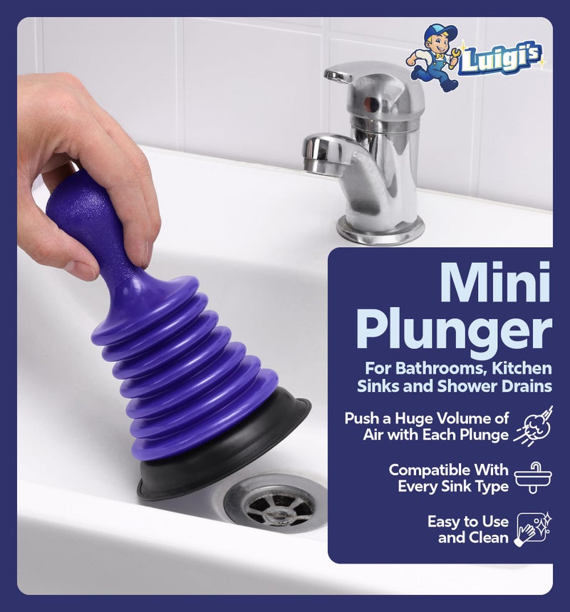 Luigi's Sink Plunger Kitchen - Sink Plunger Bathroom - Drain Bathtub or Shower - Small and Powerful Clog Remover - Commercial Style Plumbers Plungers with Large Bellows - Blue - Mini - Image 2
