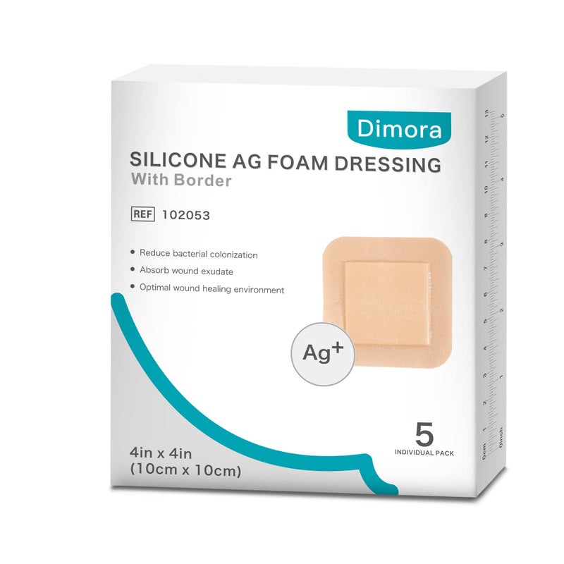Dimora Silicone Foam Dressing Silver Ag Sterile Wound Bandage with Gentle Silicone Adhesive Border 4"x 4" Waterproof Breathable Ultra Absorbent Pads - Image 1