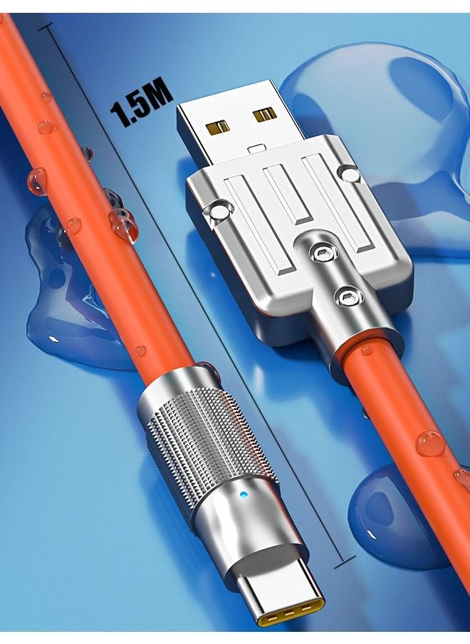 USB Type C Cable Charge Cord 1.5 Meter, 6A Fast Charging Type C Charger 120W，Zinc Alloy Interface Design，Ultra-Durable TPE Flexible Wire，Compatible Android Phone Orange