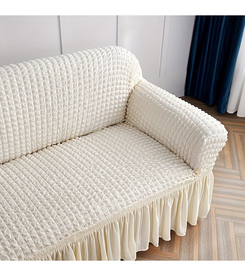 White Chiffon Solid Color Elastic Fabric Sofa Cover For Four People 93x118 Inches Washable Lazy Sofa Cover - Image 1