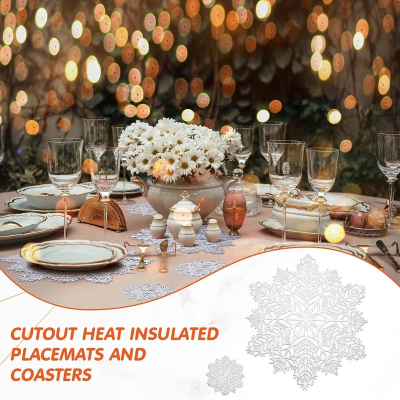 Sieral Snowflake Placemats and Coasters Set Pressed Vinyl 15 Inch Placemats and 4 Inch Coasters for Christmas Winter Wedding Party Dinner Table DecorationSilver24 Sets - Image 5