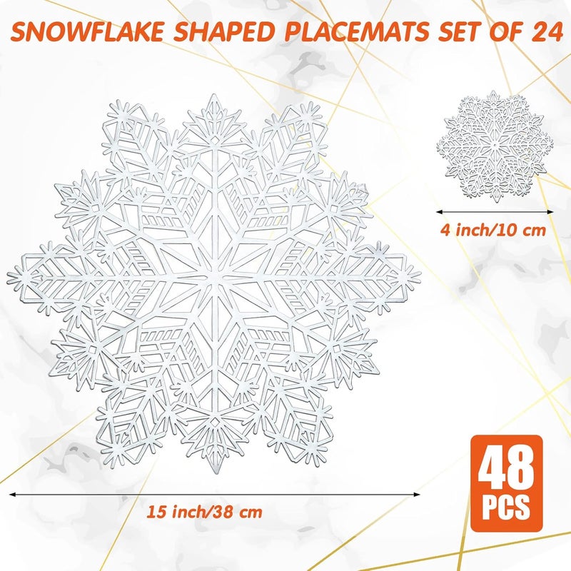 Sieral Snowflake Placemats and Coasters Set Pressed Vinyl 15 Inch Placemats and 4 Inch Coasters for Christmas Winter Wedding Party Dinner Table DecorationSilver24 Sets - Image 2