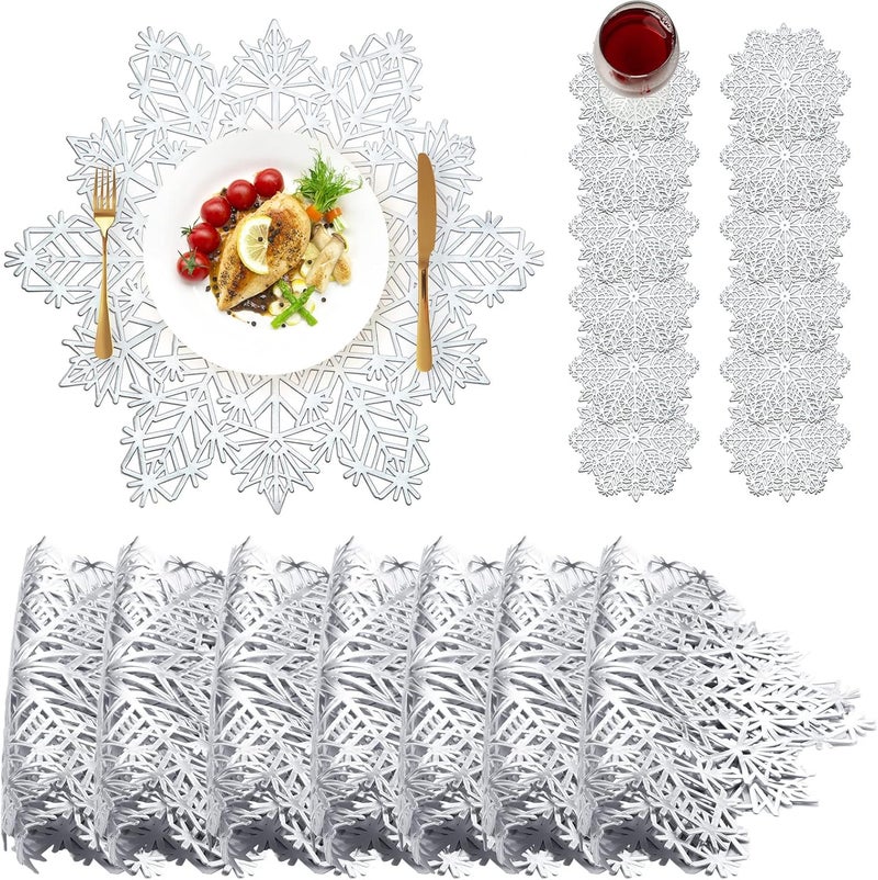 Sieral Snowflake Placemats and Coasters Set Pressed Vinyl 15 Inch Placemats and 4 Inch Coasters for Christmas Winter Wedding Party Dinner Table DecorationSilver24 Sets - Image 1