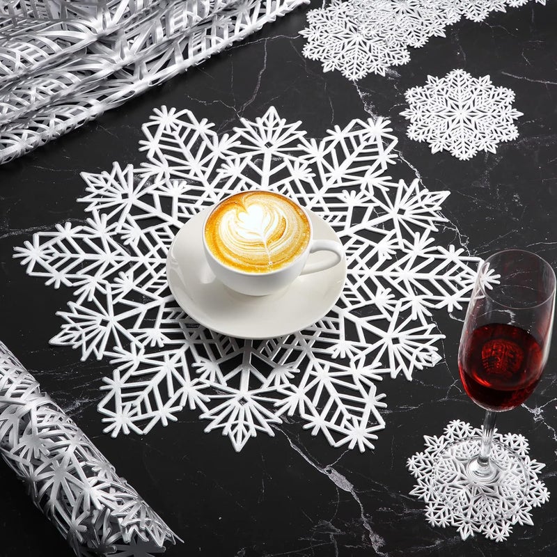 Sieral Snowflake Placemats and Coasters Set Pressed Vinyl 15 Inch Placemats and 4 Inch Coasters for Christmas Winter Wedding Party Dinner Table DecorationSilver24 Sets - Image 4