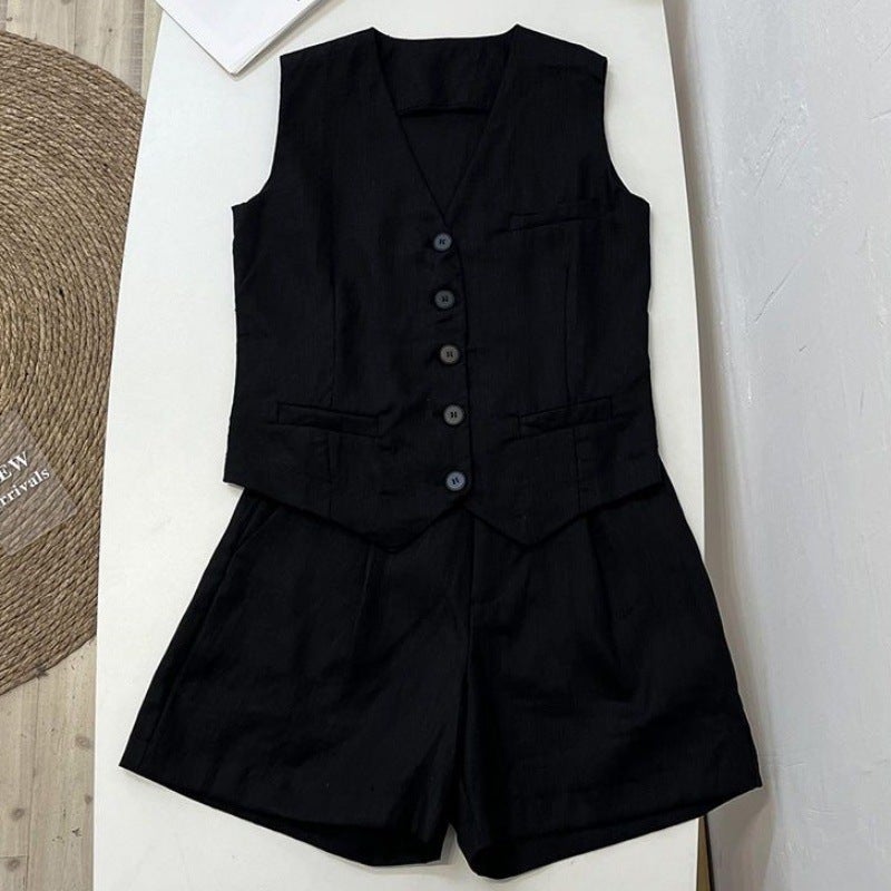2024 Summer Slim White Vest Blazer Shorts Set Women Black Vest - Image 4