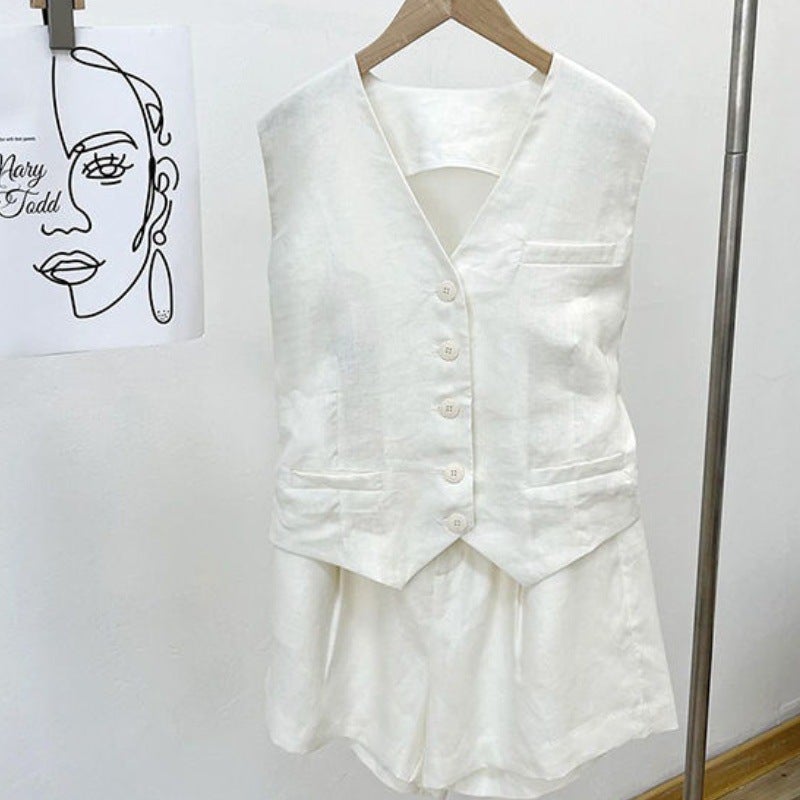 2024 Summer Slim White Vest Blazer Shorts Set Women Black Vest - Image 3