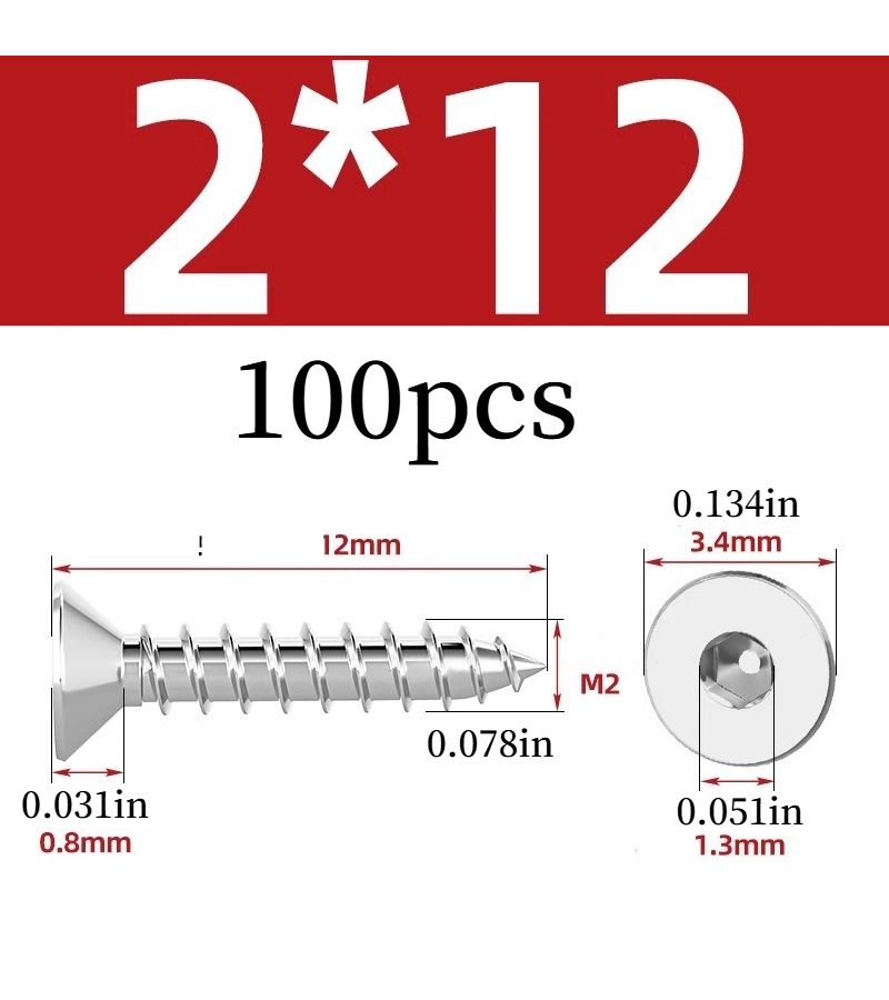 براغي رأس مسطحة سداسية ذاتية اللولبة، براغي خشب غاطسة مقاس M2.5 – 14 مم – 100 قطعة - Image 5