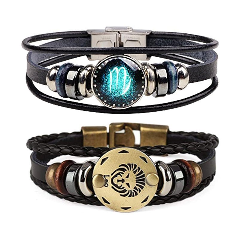 Dcfywl731 2Pcs Zodiac Gifts Bracelet for Women Men Christmas Gifts 12 Constellation Beaded Hand Woven Leather Bracelets Braided Punk Chain Cuff Men Gifts for Christmas - Image 1