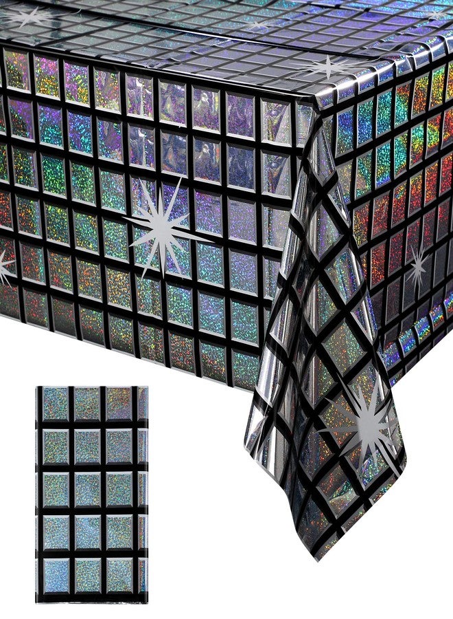 FunnyPars 1 Pack Disco Tablecloth Party Decorations, Shiny Iridescent Disposable Laser Rectangle Table Covers, Silver Plastic Table Cloth for 70s Disco Birthday Theme Party Decorations, 39 x 108Inch - Image 1