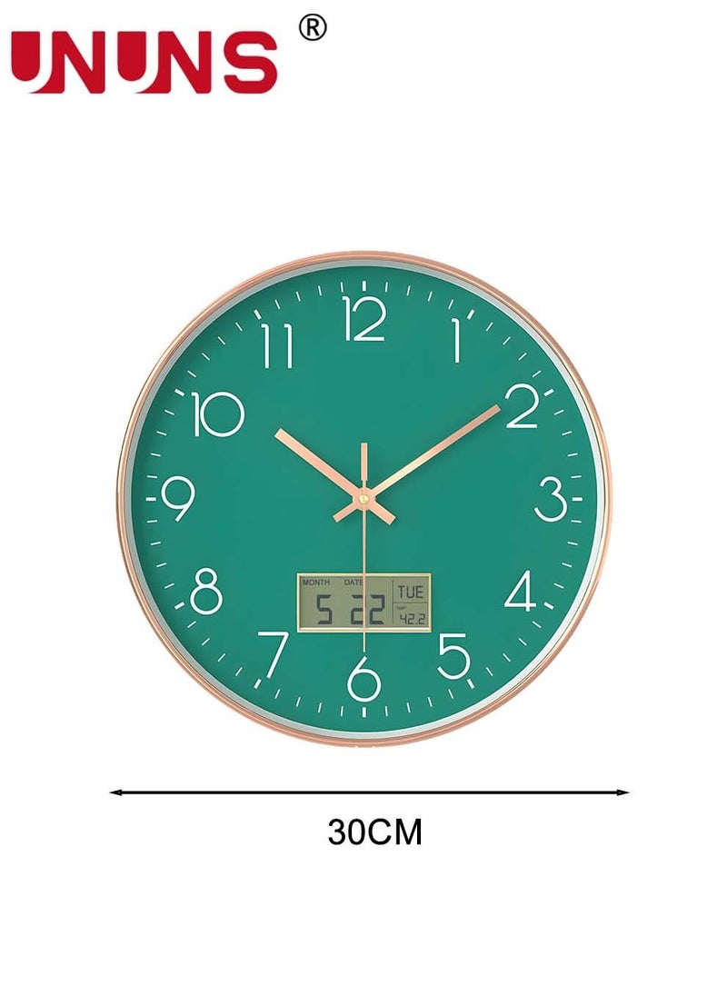 UNUNS - Plastic Frame Wall Clock,Green Rose Gold Frame Digital Wall Clock With Date And Temperature,12 Inch Non-Ticking Round Wall Clock For Home,Decorative Wall Clocks - Image 1