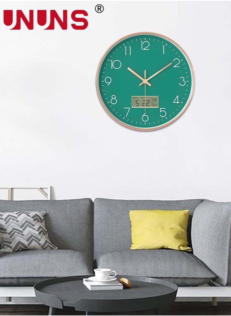 UNUNS - Plastic Frame Wall Clock,Green Rose Gold Frame Digital Wall Clock With Date And Temperature,12 Inch Non-Ticking Round Wall Clock For Home,Decorative Wall Clocks - Image 1