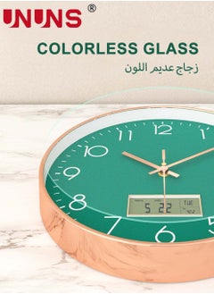 UNUNS Plastic Frame Wall Clock,Green Rose Gold Frame Digital Wall Clock With Date And Temperature,12 Inch Non-Ticking Round Wall Clock For Home,Decorative Wall Clocks  - Image 3