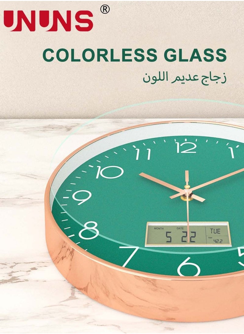 UNUNS - Plastic Frame Wall Clock,Green Rose Gold Frame Digital Wall Clock With Date And Temperature,12 Inch Non-Ticking Round Wall Clock For Home,Decorative Wall Clocks - Image 1