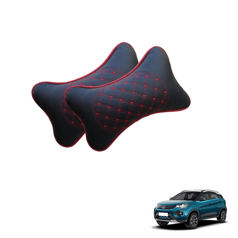 NikrokZ Faux Leather Car Neck Rest Pillow/Cushion Set of Pillows Compatible with NEXON (Black, with Red Embroidery) -2 Pieces
