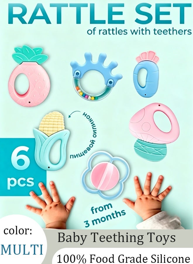 Comysubao 6PCS Baby Teething Toys, Silicone Baby Teether, Infant Soothing Pain Relief for Baby, Sensory Toys with Soft Textures, Gentle Sounds & Easy-Grip Shape, Neutral Newborn Gift - Image 1