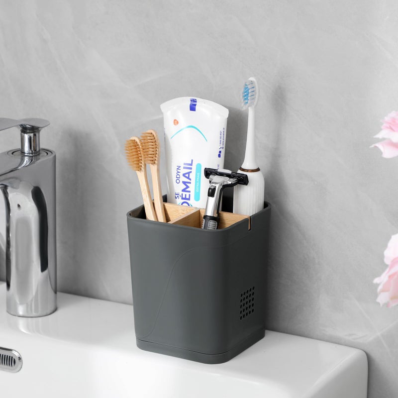 Heagoale Electric Toothbrush Holder 3 Slots Tooth Brushing Holder with Bamboo Dividers for Bathrooms, Plastic Toothbrush and Toothpaste Organizer for Shower, Countertop, Vanity, Cool Grey - Image 2