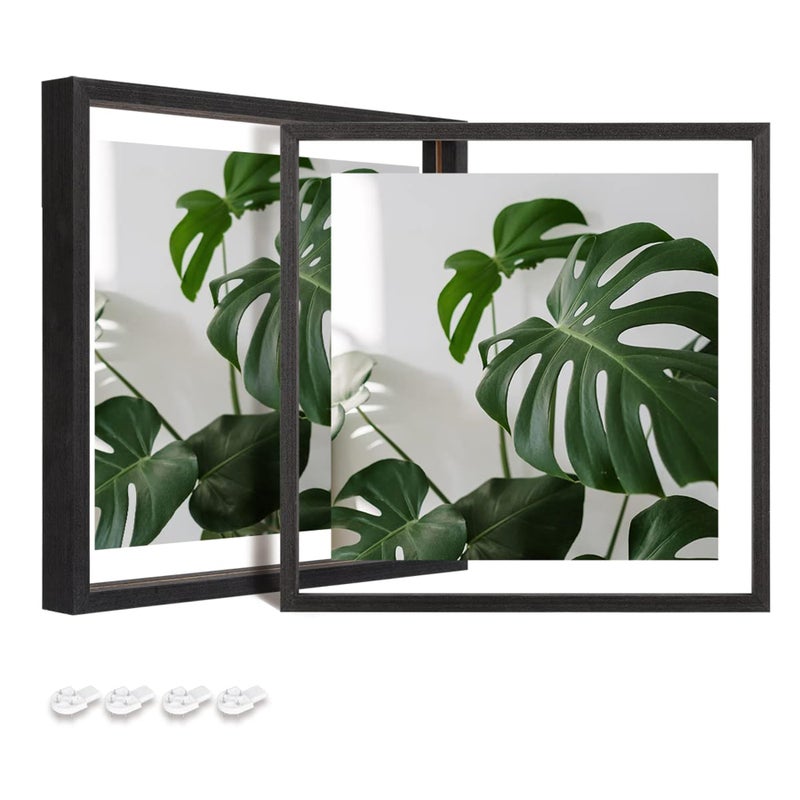 Egofine 8x8 Floating Frames Set of 2  Double Glass Picture Frame  Made of Solid Wood Display Any Size Photo up to 8x8  Wall Mount or Tabletop Standing  Rustic Black - Image 1