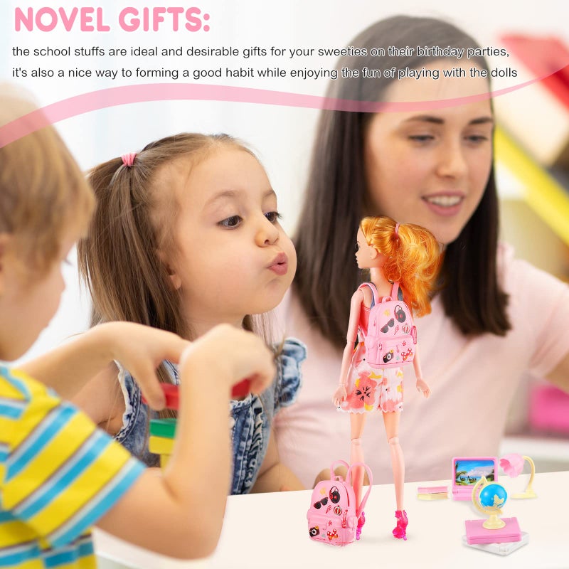 Zhanmai 21 Pieces Doll School Stuff Mini School Supplies Doll School Accessories School Playset for Dolls Mini Pink Doll Backpack Desk Lamp Laptop and Headset for 11.5 Inch Doll - Image 4