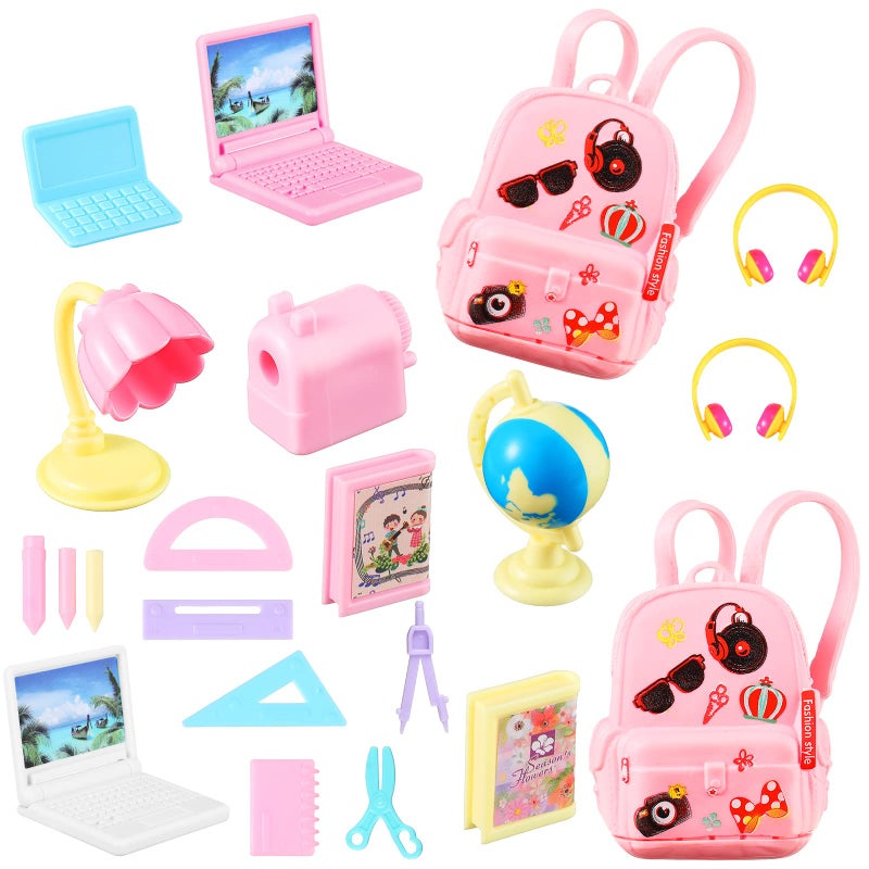 Zhanmai 21 Pieces Doll School Stuff Mini School Supplies Doll School Accessories School Playset for Dolls Mini Pink Doll Backpack Desk Lamp Laptop and Headset for 11.5 Inch Doll - Image 1