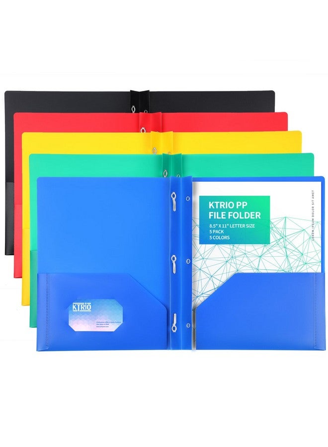 KTRIO Plastic Pocket Folders With Prongs, 5 Pack 2 Pocket Folders 3 Prong Folders, Heavy Duty Plastic Folders With Pockets And Brads, Colored Plastic Folders With Prongs For School Office, Letter Size - Image 1