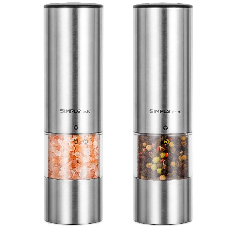 SIMPLETASTE Electric Salt and Pepper Grinder Set Automatic One HandedStainless Grinders with Lights and Adjustable CoarsenessBattery Operated
