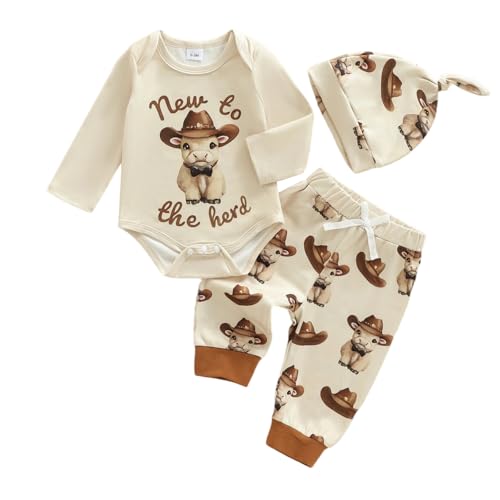 BULINGNANew to the Herd Baby Outfit Cow Print Fall My First Rodeo Long Sleeve Romper Pants Set Hat Western Baby Cowboy Outfit (Khaki, 3-6 Months) - Image 1