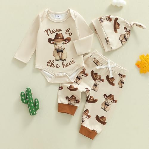 BULINGNANew to the Herd Baby Outfit Cow Print Fall My First Rodeo Long Sleeve Romper Pants Set Hat Western Baby Cowboy Outfit (Khaki, 3-6 Months) - Image 4