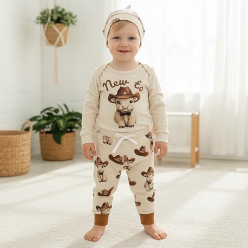 BULINGNANew to the Herd Baby Outfit Cow Print Fall My First Rodeo Long Sleeve Romper Pants Set Hat Western Baby Cowboy Outfit (Khaki, 3-6 Months) - Image 2