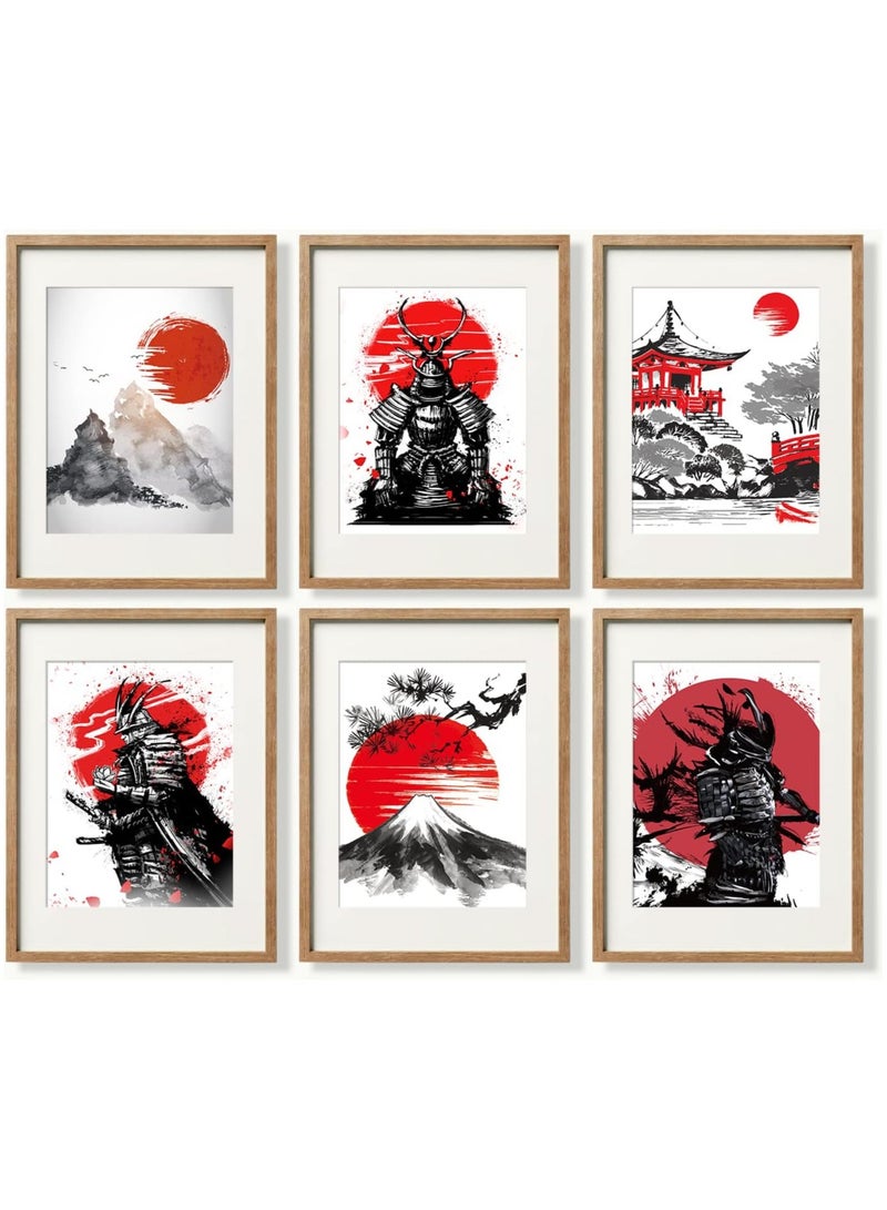 Today Idea Japanese Art Wall Decor - Unframed 8x10 Set of 6, Modern Minimalist Asian Oriental Decor for Living Room, Samurai Armor Warriors Prints Posters for Bedroom, Japan Red White Art Office Gifts - Image 1