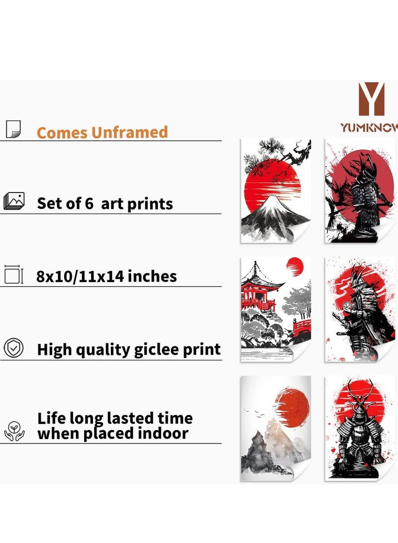 Today Idea Japanese Art Wall Decor - Unframed 8x10 Set of 6, Modern Minimalist Asian Oriental Decor for Living Room, Samurai Armor Warriors Prints Posters for Bedroom, Japan Red White Art Office Gifts - Image 2