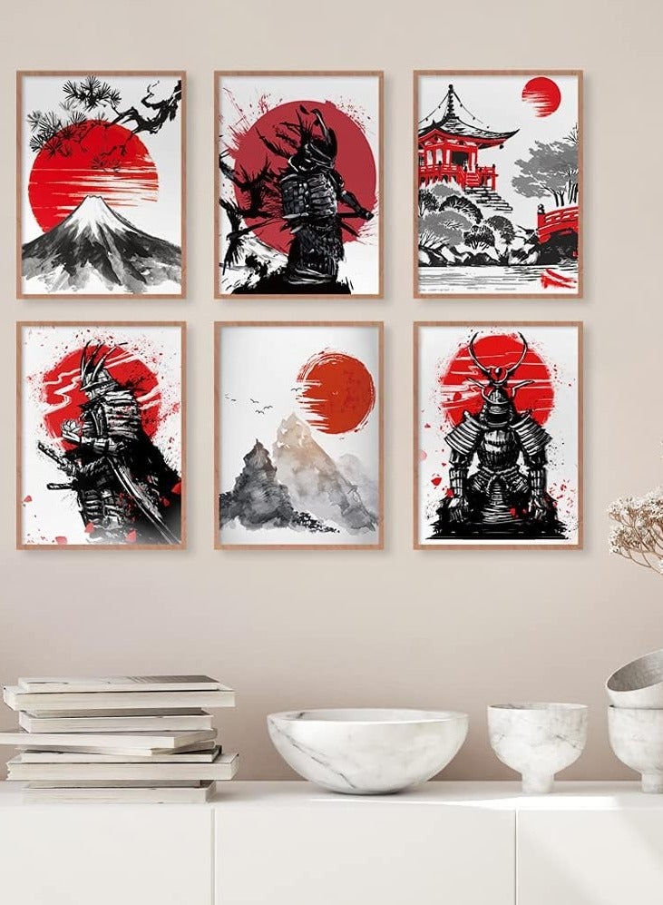 Today Idea Japanese Art Wall Decor - Unframed 8x10 Set of 6, Modern Minimalist Asian Oriental Decor for Living Room, Samurai Armor Warriors Prints Posters for Bedroom, Japan Red White Art Office Gifts - Image 4