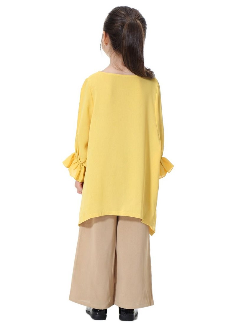 Loquat Girl's 2-Piece Set Outfit Round Neck Flare Sleeve Top And Loose Pants Suit Yellow/Khaki  - Image 3