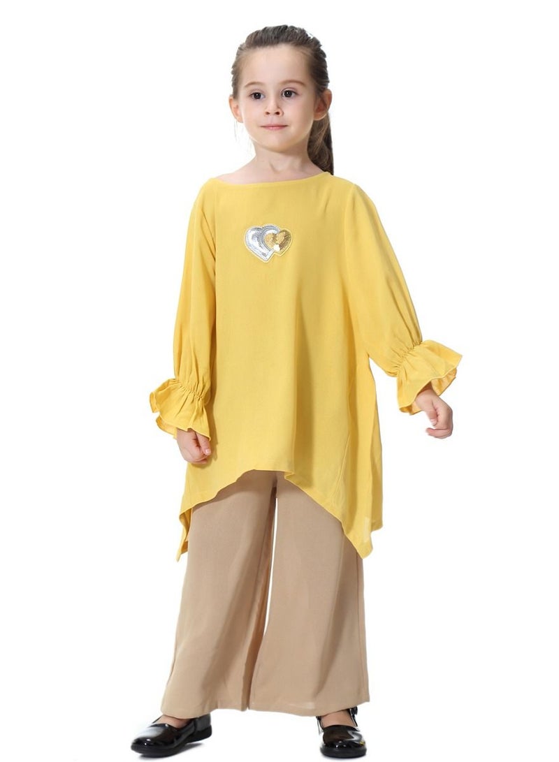 Loquat Girl's 2-Piece Set Outfit Round Neck Flare Sleeve Top And Loose Pants Suit Yellow/Khaki  - Image 1