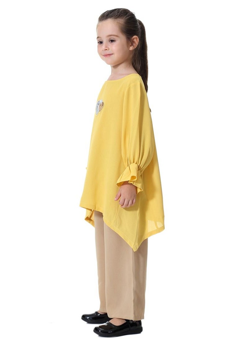 Loquat Girl's 2-Piece Set Outfit Round Neck Flare Sleeve Top And Loose Pants Suit Yellow/Khaki  - Image 2