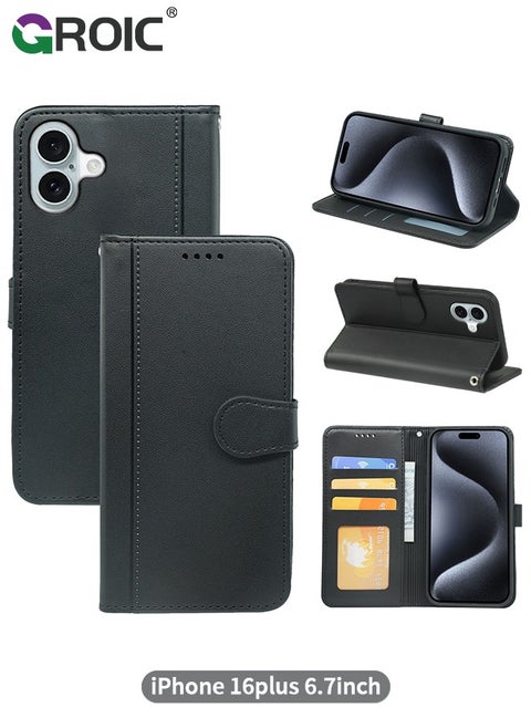 Compatible with iPhone 16 Plus Case Wallet with Credit Card Holder, Flip Leather Magnetic Clasp Kickstand Heavy Duty Protective Cover for iPhone 16 Plus