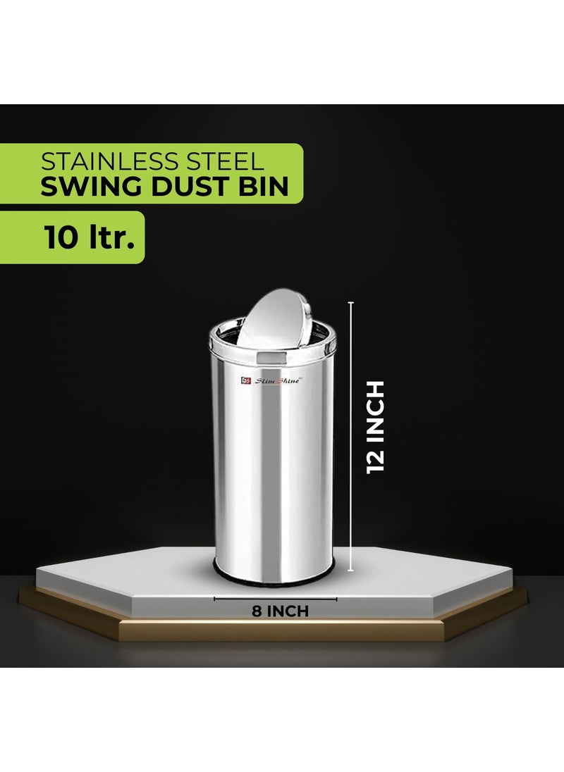 Slim Shine SLIMSHINE Stainless Steel Swing Dust Bin Garbage Bin Trash Can with Removable Lid Round Shape 10 Liter Silver Size 8 x 12 inch  - Image 4