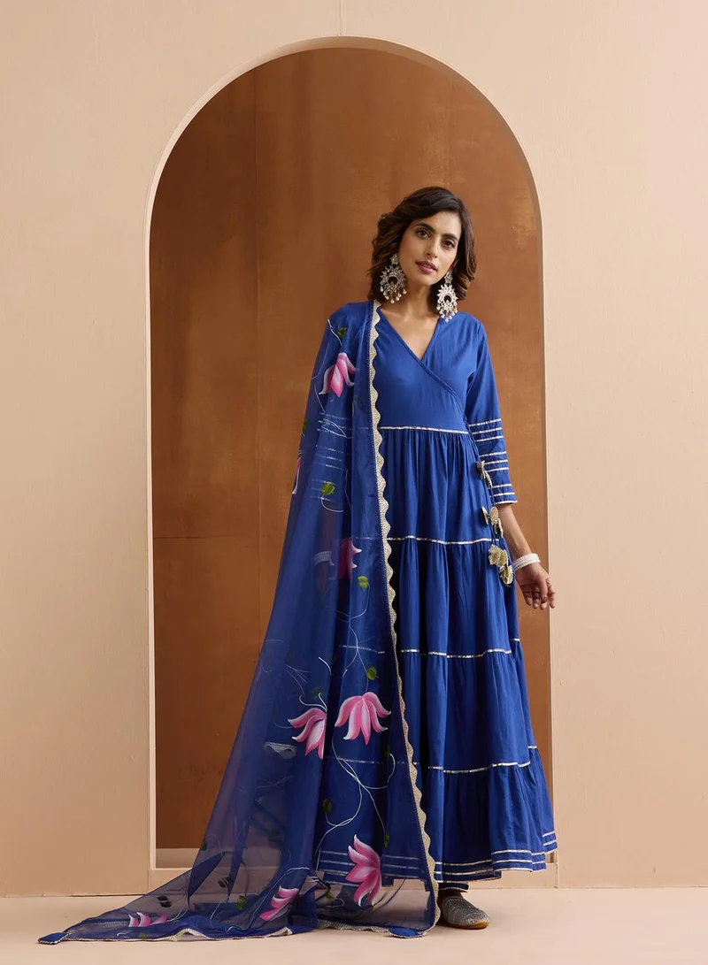 ISHIN Women's Navy Blue 100% Cotton Embroidered Tunic Full Length Casual Straight Fit Kurta Set