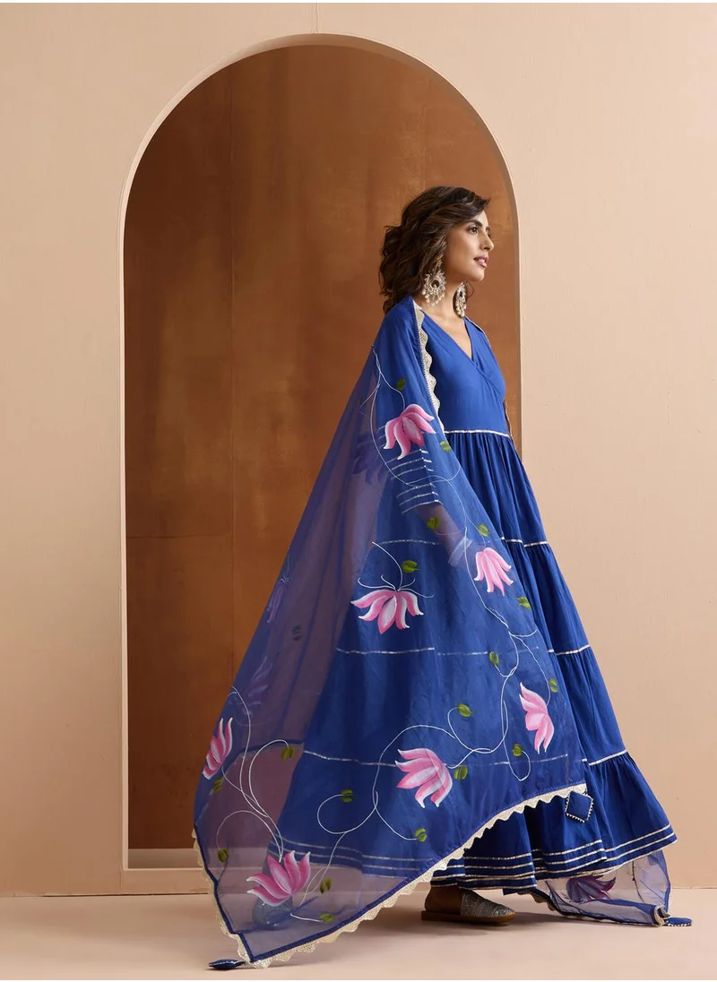 آي شين Women's Navy Blue 100% Cotton Embroidered Tunic Full Length Casual Straight Fit Kurta Set