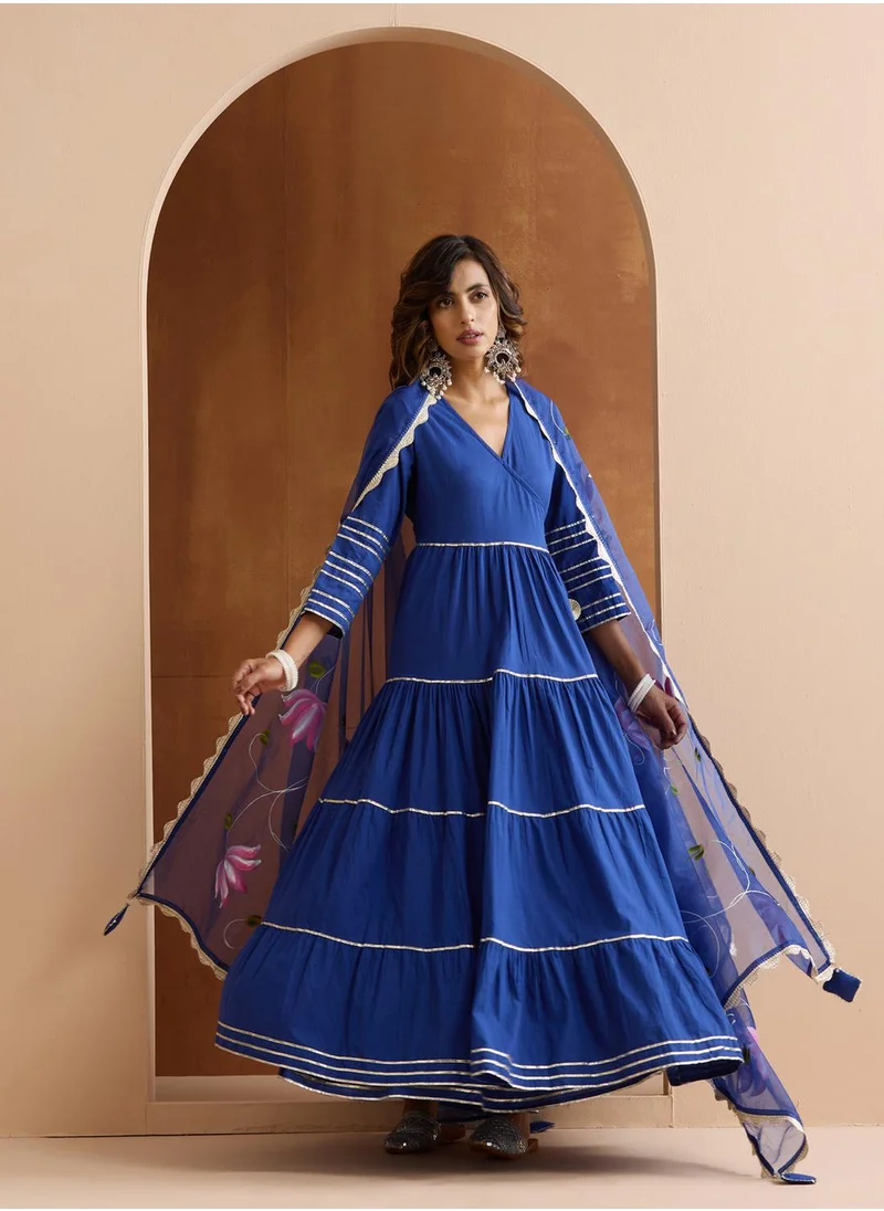آي شين Women's Navy Blue 100% Cotton Embroidered Tunic Full Length Casual Straight Fit Kurta Set