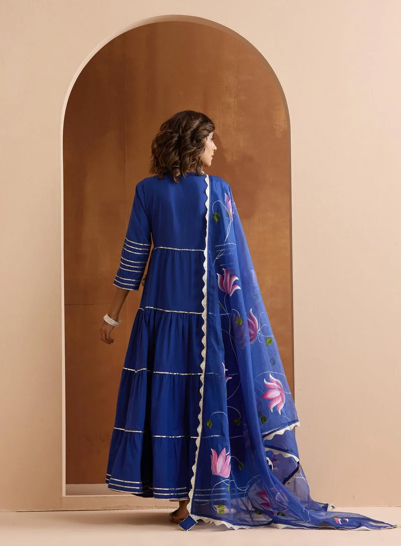 ISHIN Women's Navy Blue 100% Cotton Embroidered Tunic Full Length Casual Straight Fit Kurta Set