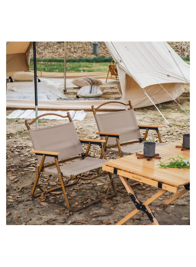 GGEROU كرسي تخييم للنزهات على الشاطئ، كرسي محمول قابل للطي للتخييم والصيد مع مقبض خشبي ودعامة من الألومنيوم، كرسي ثابت للنزهات الخارجية (صغير، بيج) - Image 2