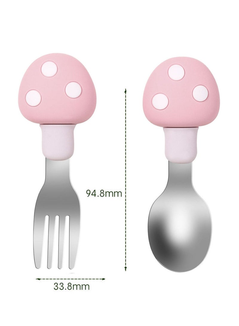 هايلاند طقم ملاعق وشوكة للأطفال من الفولاذ المقاوم للصدأ بمقبض قصير وردية مكون من قطعتين مع جراب - Image 3