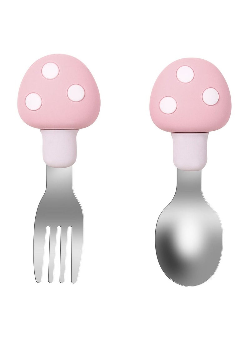 هايلاند طقم ملاعق وشوكة للأطفال من الفولاذ المقاوم للصدأ بمقبض قصير وردية مكون من قطعتين مع جراب - Image 1